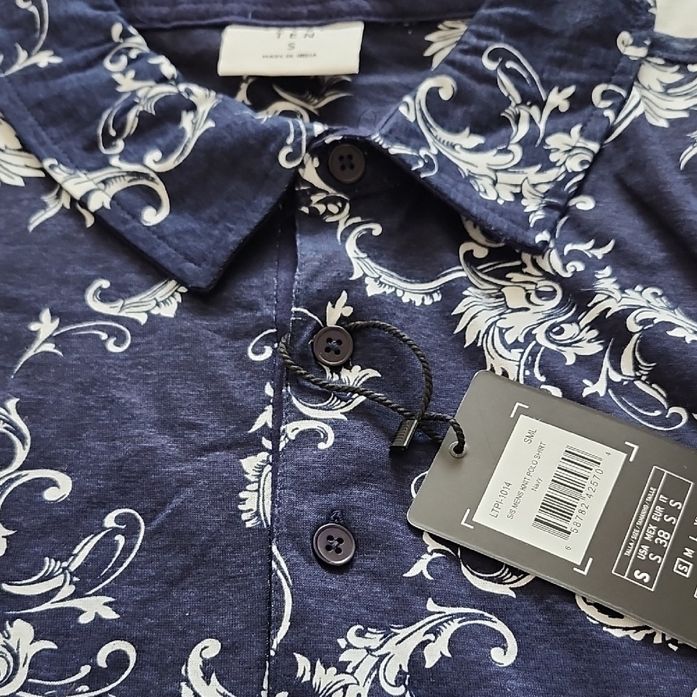 NWT Level Ten Men's Navy Blue Baroque Floral Scroll Print Polo Shirt Size S - Picture 5 of 8